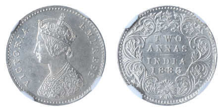 British India 1883(B), 2 Anna. Graded MS 64 by NGC.