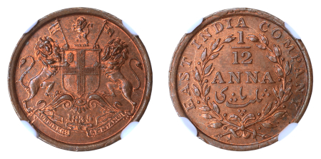 British India 1835(M), 1/12 Anna. Graded MS 65 RB by NGC.