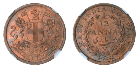 British India 1848(C),  1/12 Anna. Graded MS 65 RB by NGC.