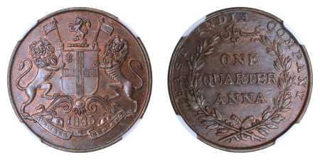 British India 1835(C), 1/4 Anna. Graded MS 65 BN by NGC.