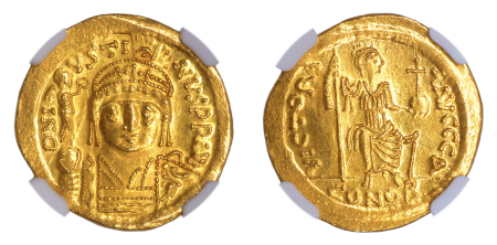 Byzantine Empire, Justin II AD 565-578, AV Solidus. Graded MS Strike: 5/5 Surface: 3/5 by NGC.