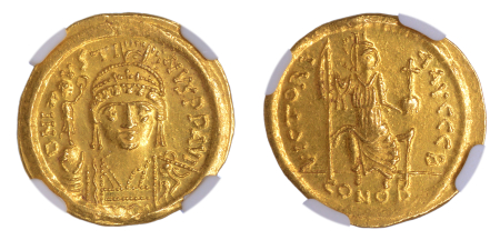 Byzantine Empire, Justin II AD 565-578, AV Solidus. Graded Ch AU Strike: 5/5 Surface: 5/5 by NGC.
