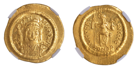 Byzantine Empire, Justin II AD 565-578, AV Solidus. Graded Ch AU Strike: 5/5 Surface: 4/5 by NGC.