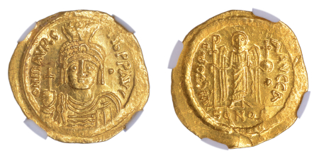 Byzantine Empire, Maur.Tiberius, AD 582-602, AV Solidus. Graded Ch AU Strike: 5/5 Surface: 2/5 by NGC.