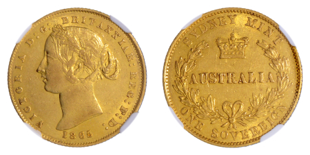 Australia 1865,  Sovereign. Graded AU 58 by NGC.
