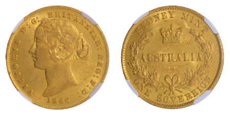 Australia 1866, Sovereign. Graded AU 58 by NGC.