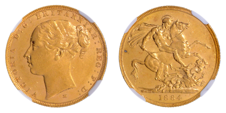 Australia 1884M, Sovereign,  St. George. Graded MS 62 by NGC.