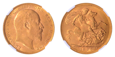 Australia 1905M, Sovereign. Graded MS 63+ by NGC.