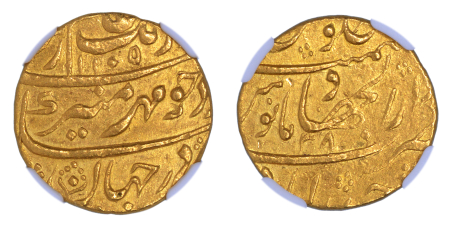 India Mughal Empire AH1105//38, 1 MOHUR,  Aurangzeb Haiderabad. Graded AU 53 by NGC.