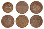 British India (1874-1901), 6 coin lot, 1/2 Pice & 1/4 Anna.  AU grades.