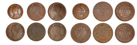 British India (1874-1901), 6 coin lot, 1/2 Pice & 1/4 Anna.  AU grades.