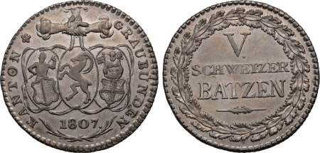 Switzerland  1807, 5 Batzen , in Extra Fine condition