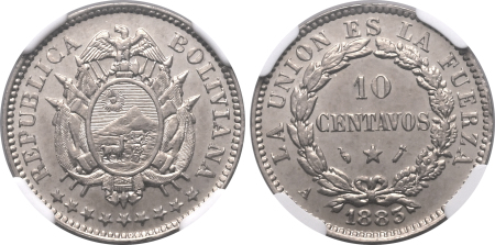 Bolivia , 1883  A, 10 Centavos, Not holed. Graded PROOF 65 by NGC.