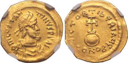 Byzantine Empire Tiberius II Constantine AV Semissis. Graded Choice AU Strike: 4/5 Surface: 3/5 by NGC.