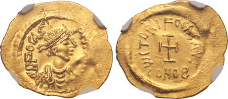 Byzantine Empire Phocas AD 602-610 , AV Tremissis. Graded MS Strike: 4/5 Surface: 2/5 by NGC.