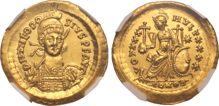 Eastern Roman Empire Theodosius II, AD 402-450 AV Solidus. Graded MS Strike: 5/5 Surface: 3/5 by NGC.