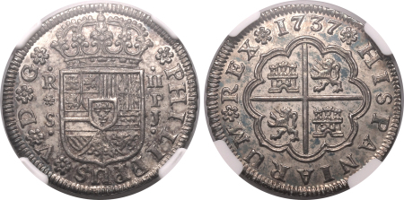 Spain 1737S PJ, 2 Reales. Graded MS 63 by NGC.
