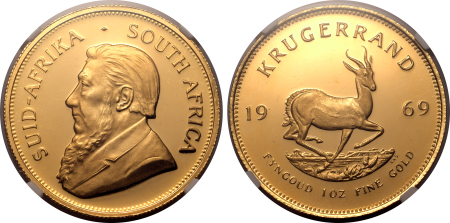 South Africa 1969,  1 Krugerrand. Graded MS 65 ULTRA CAMEO by NGC.