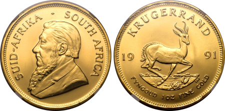 South Africa 1991,  1 Krugerrand. Graded MS 67 by NGC.