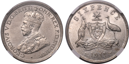 Australia 1911, 6 P.  Graded MS 62 by NGC
