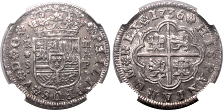 Spain 1736 S AP, 2 R.  Graded MS 62 by NGC