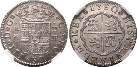 Spain 1760 M JP, 2 R., Charles III.  Graded MS 64 by NGC