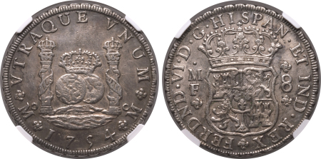 Mexico 1754 MO MF, 8 R., Same Crowns.  Graded AU 55 by NGC