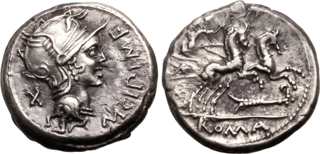 Roman Empire 115-114 B.C., M. Cipius M.F. AR Denarius.  Graded VF
