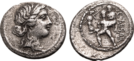 Roman Empire 47-46 B.C., Julius Ceasar Silver Denarius.  Graded VF Details Porous.
