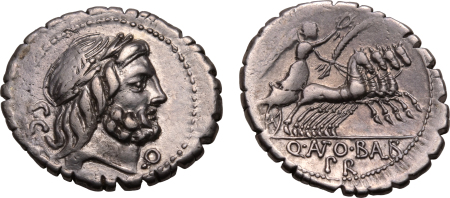 Roman Empire 83-82 B.C., Q. Antonius Balbus AR Denarius.  Graded VF/EF