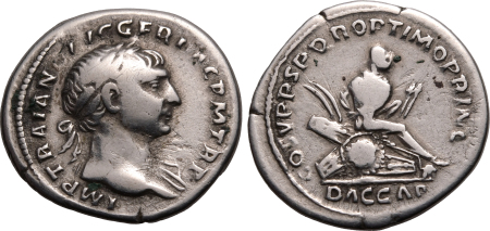 Roman Empire 98-117, Trajan AR Denarius, Rome Mint (112-113 A.D.). Graded F-VF